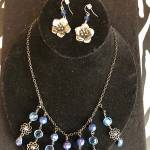 Blue and silver earrings and necklace